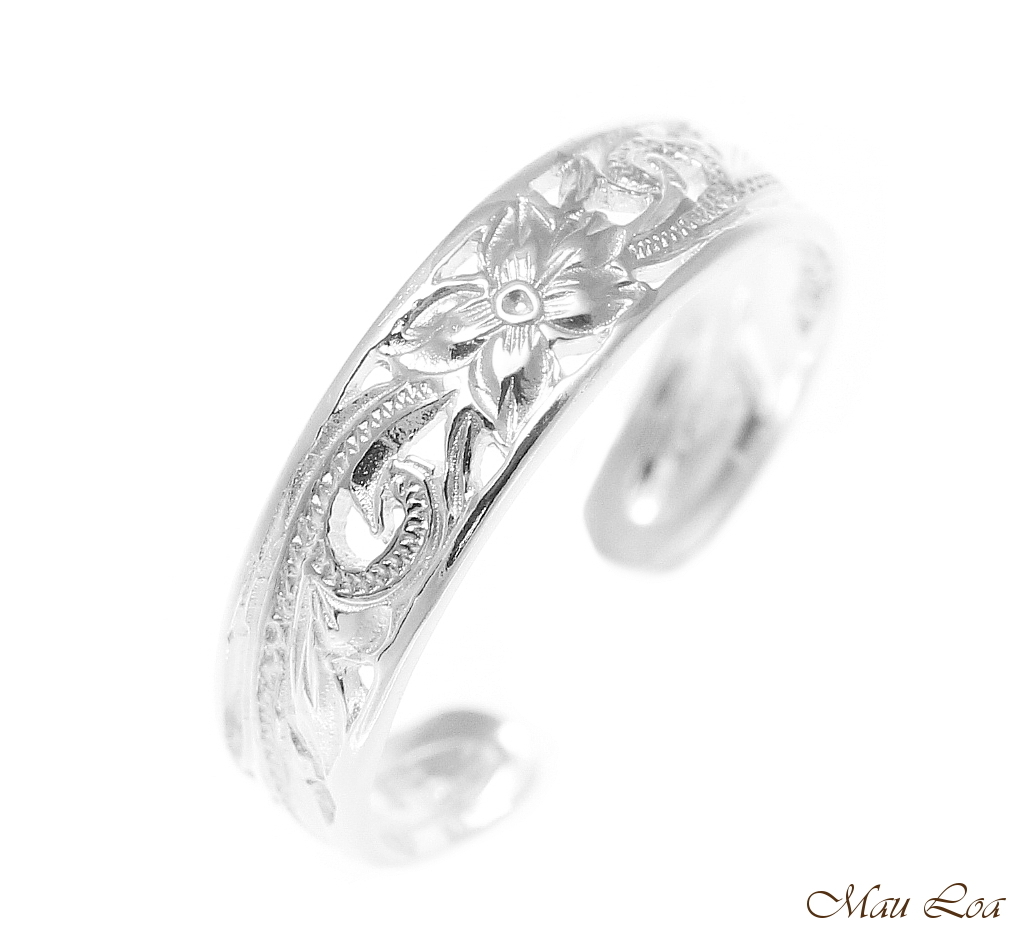 925 Sterling Silver Hawaiian Plumeria Flower Scroll 4mm Inside Cut Open Toe Ring