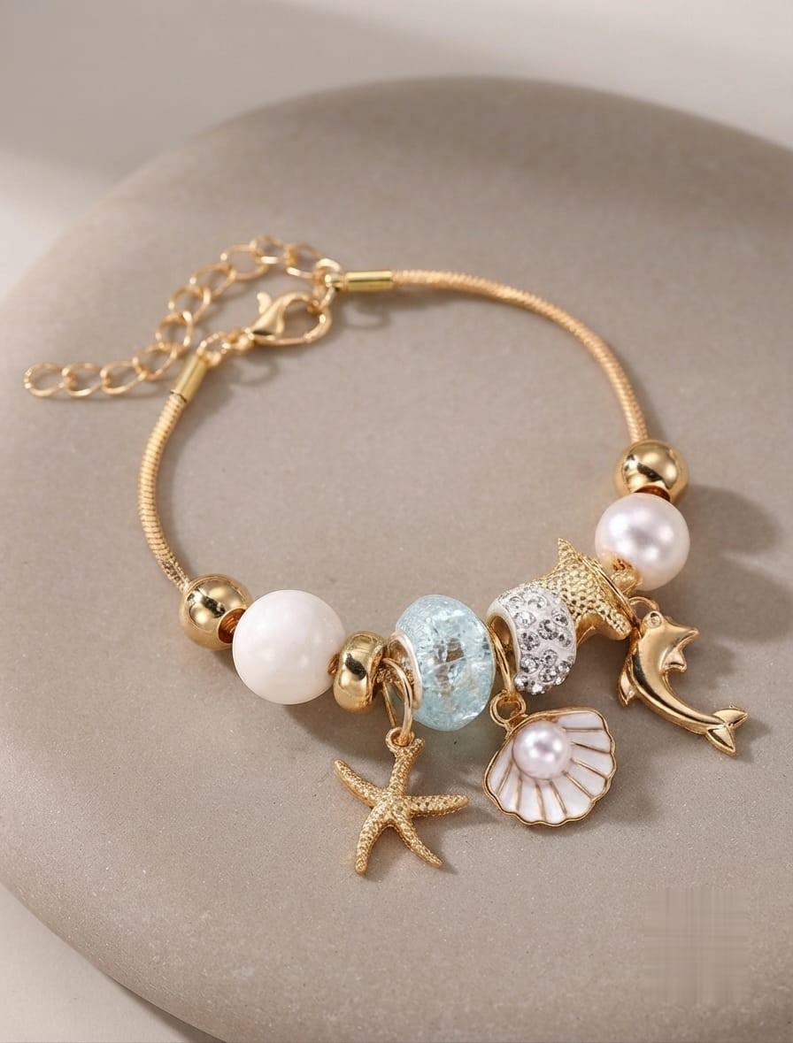 Teen Girls Charm Bracelet Set – Shell, Starfish, Pentagram, Flower & Cherry Pend
