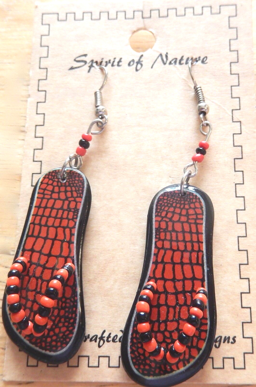 Spirit of Nature Earrings flip flops reptile print oranges black- beads