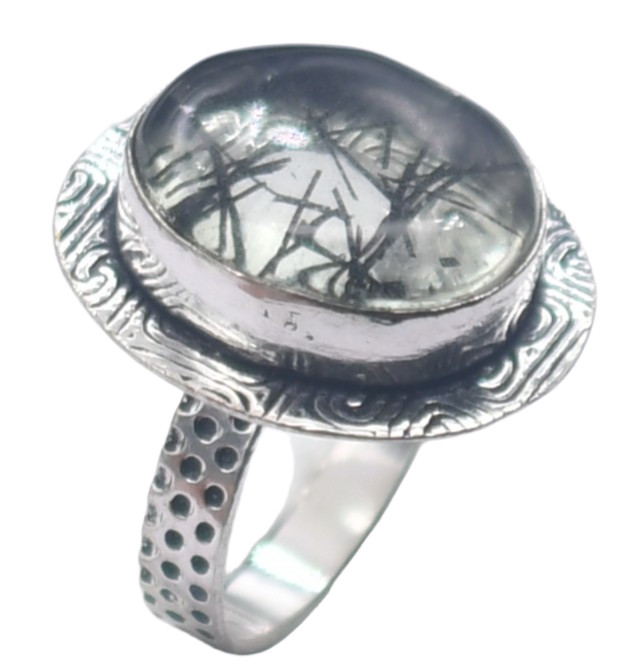 Black Rutile Quartz Natural Gemstone Silver Ring US Size-7.5 R 5051