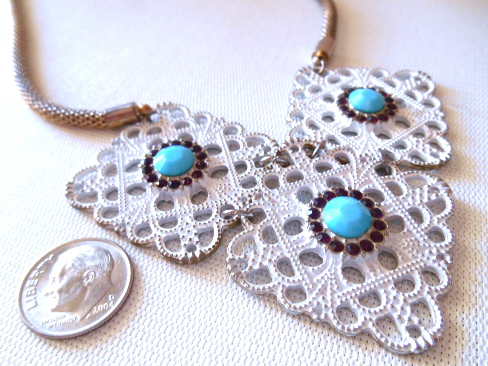 Bronzetone White & Teal Bib Necklace