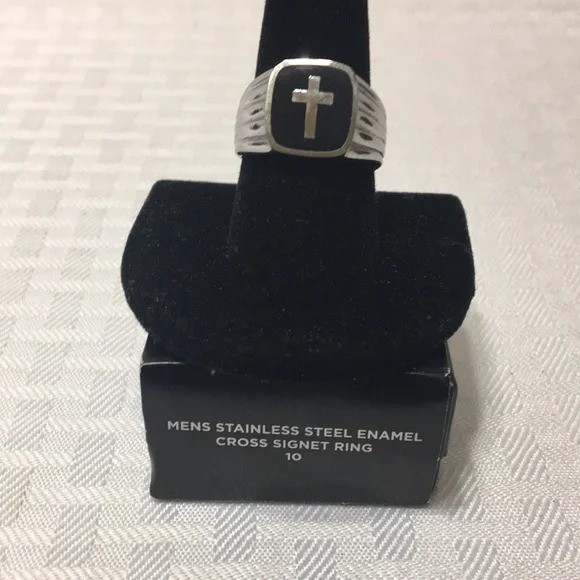 Men’s Stainless Steel Enamel CROSS SIGNET Ring Size 10 NIB ~ FAST SHIP NEXT DAY!