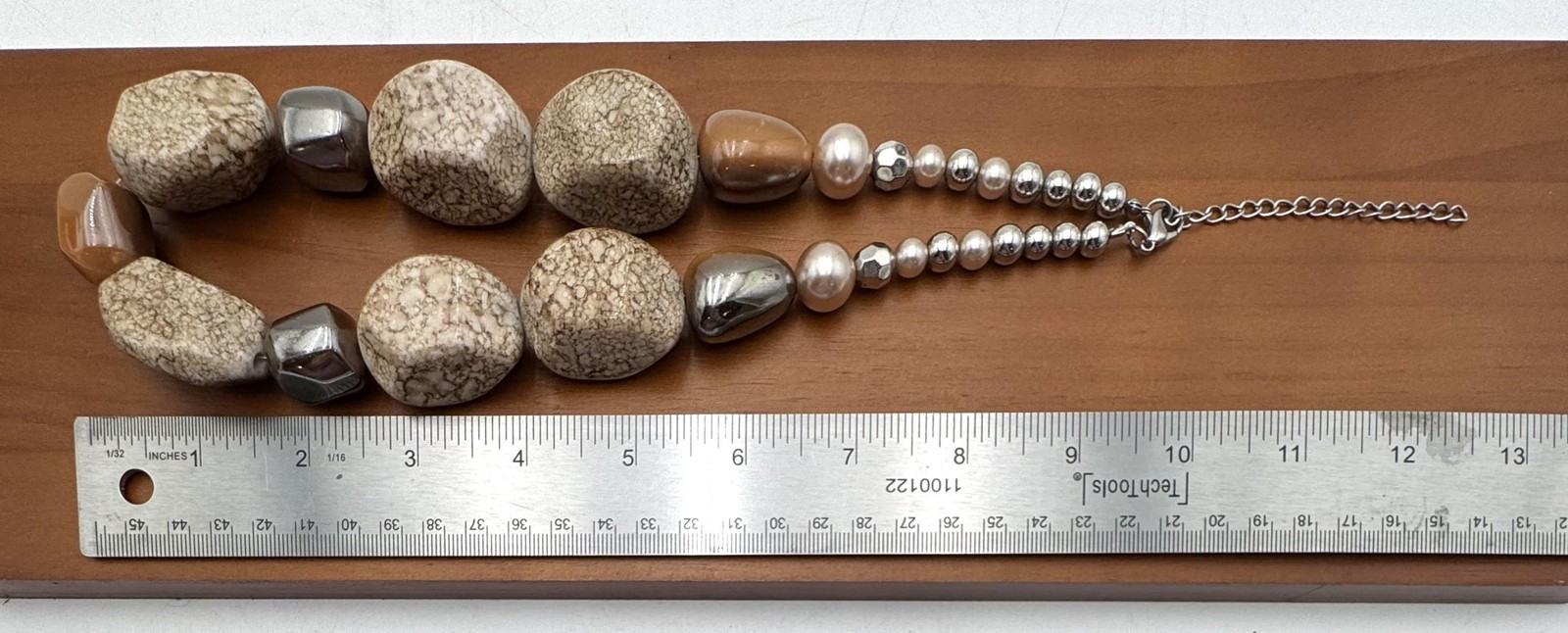 Chunky Beaded Statement Necklace Beige Brown Resin Pebble Nuggets Womens 20in