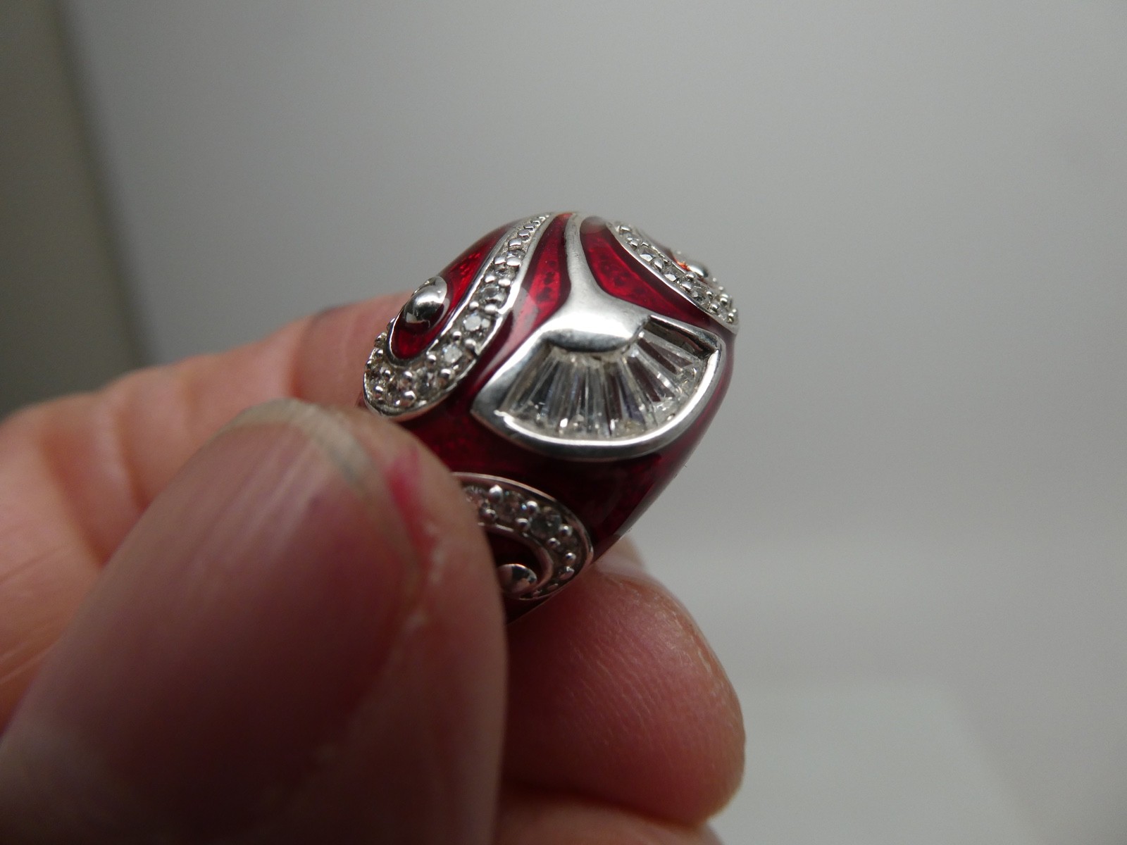 Victoria Wieck Dome Red Enamel & CZ Sterling Silver 925 Poppy Flower RING Size 8