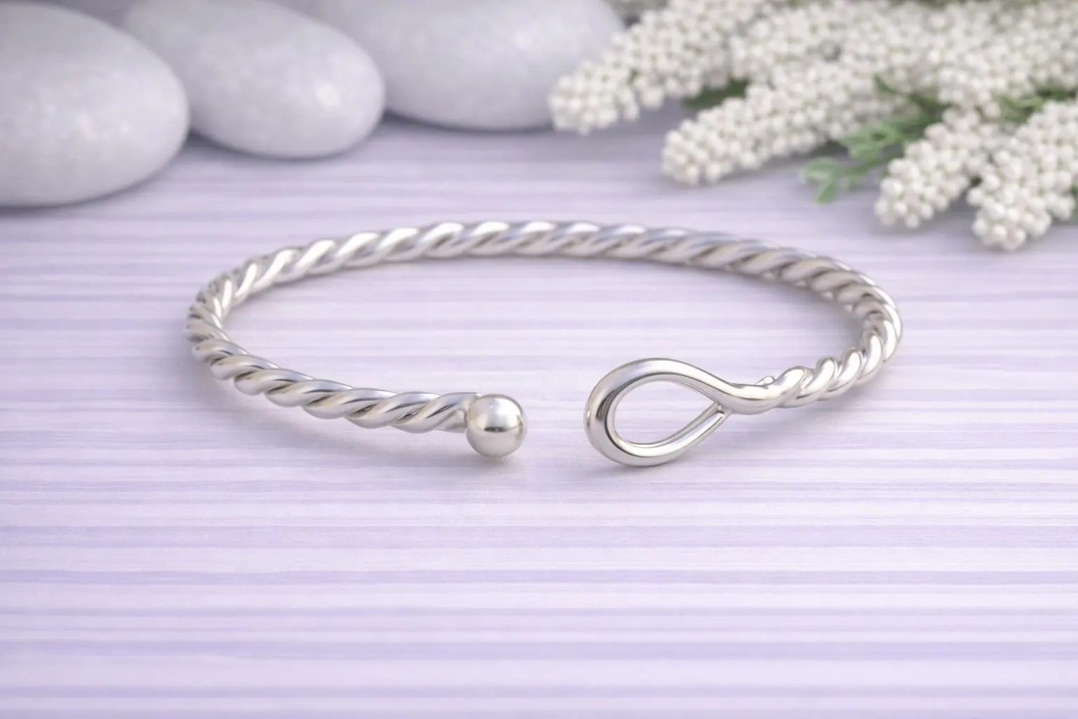 Sterling Silver Twisted Cuff Bracelet – Minimalist Hook Bangle – Open Rope Brace