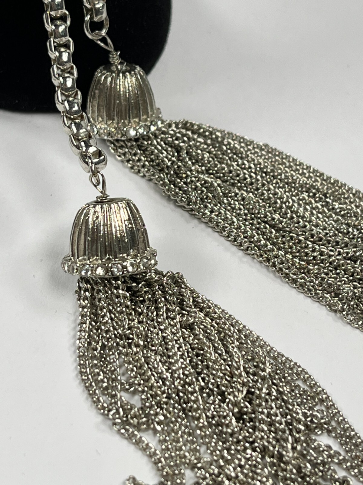 Silver Tone Tassle 19″ Necklace with Rhinestones