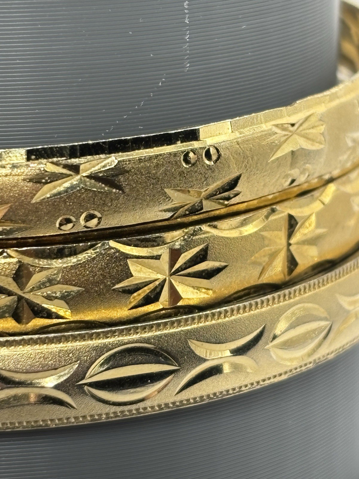 Bangle Bracelets Gold Tone Etched Starburst Diamond Cut Design 7.5” Stackable