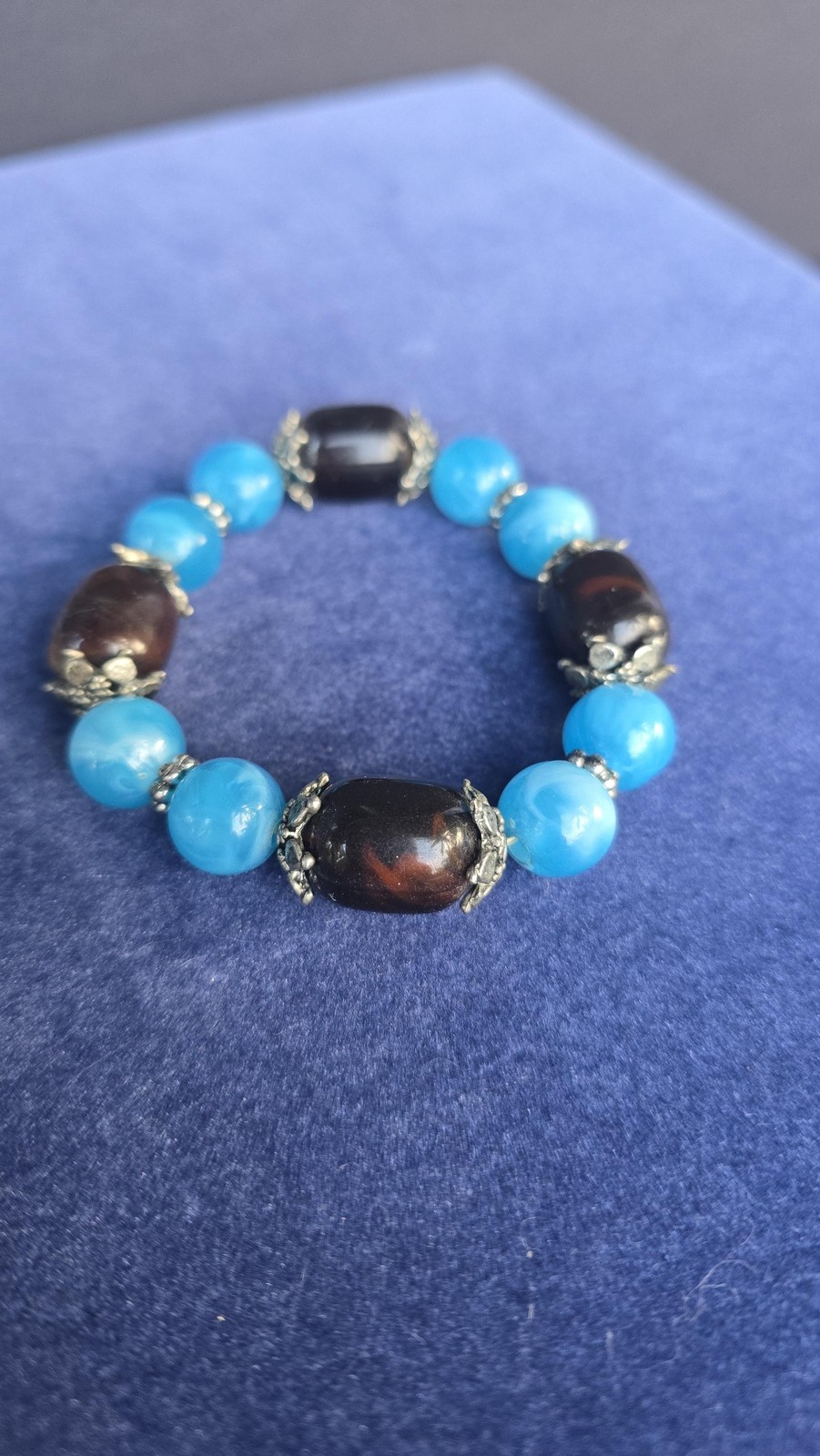 Blue Brown Beaded Stretch Bracelet Womens Silver Tone Boho Jewelry Fashion