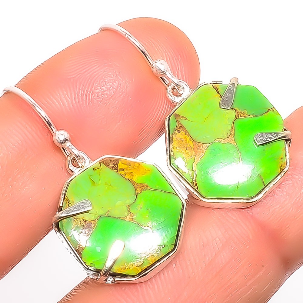 Copper Green Turquoise – Arizona Gemstone 925 Sterling Silver Earring 1.17″ A370