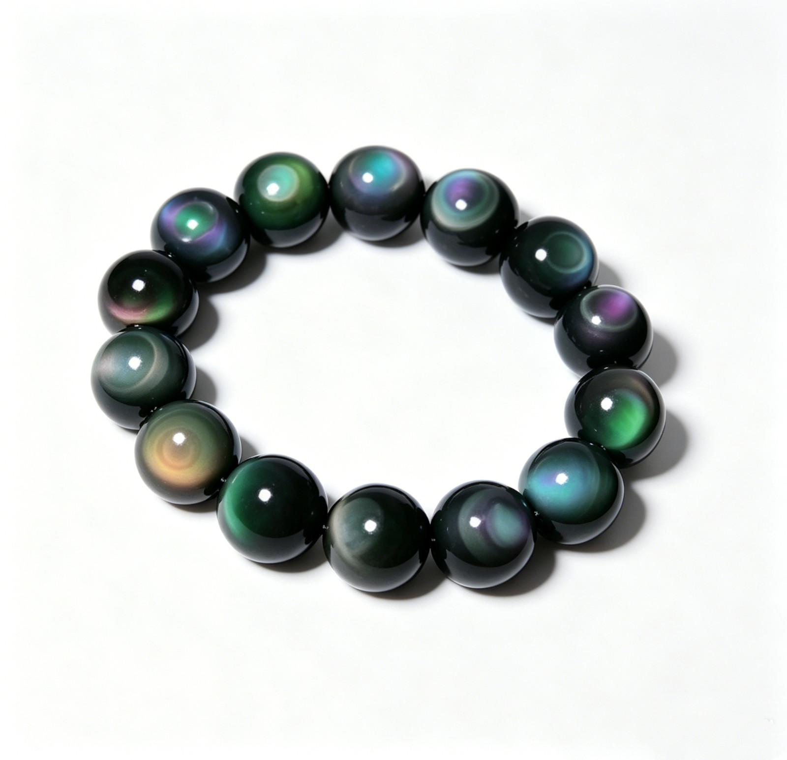 12mm Natural Rainbow Obsidian Beaded Stretch Bracelet Protection Grounding Gift