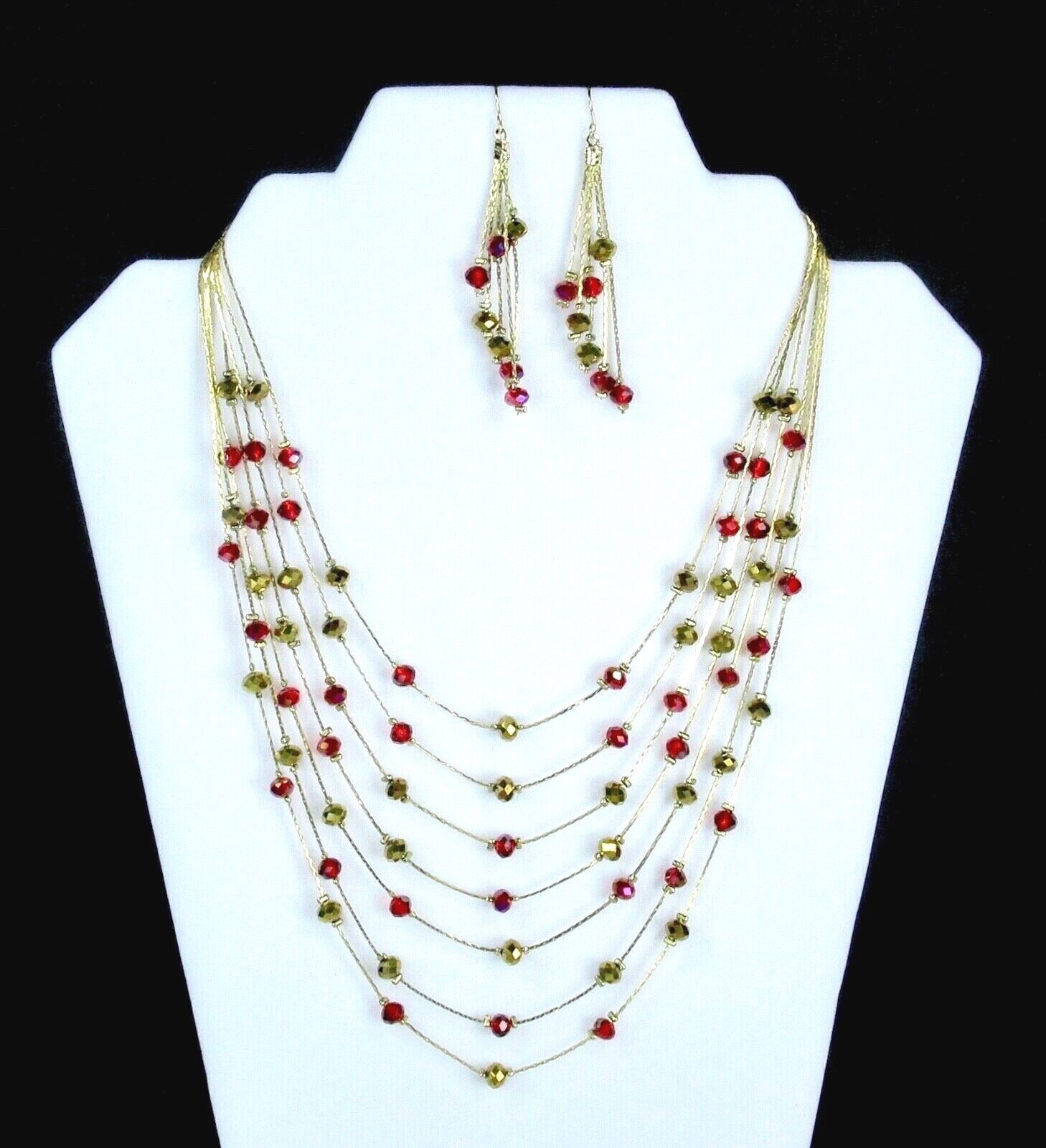 Red Gold Aurora Borealis Necklace Earring Set Glass Beads Hat Society Lady