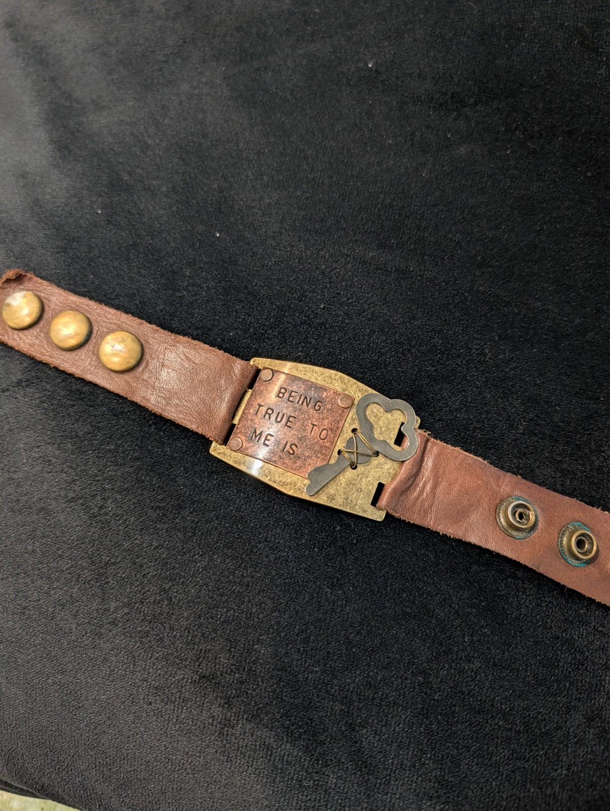 Brown Leather Adjustable Snap Bracelet, Quote Plate, Key Charm 2 Pcs