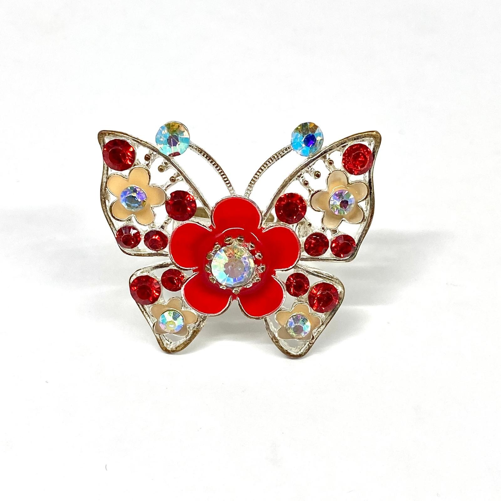 Glamour Butterfly Red Flower & Aurora Borealis Rhinestones Woman Adjustable Ring