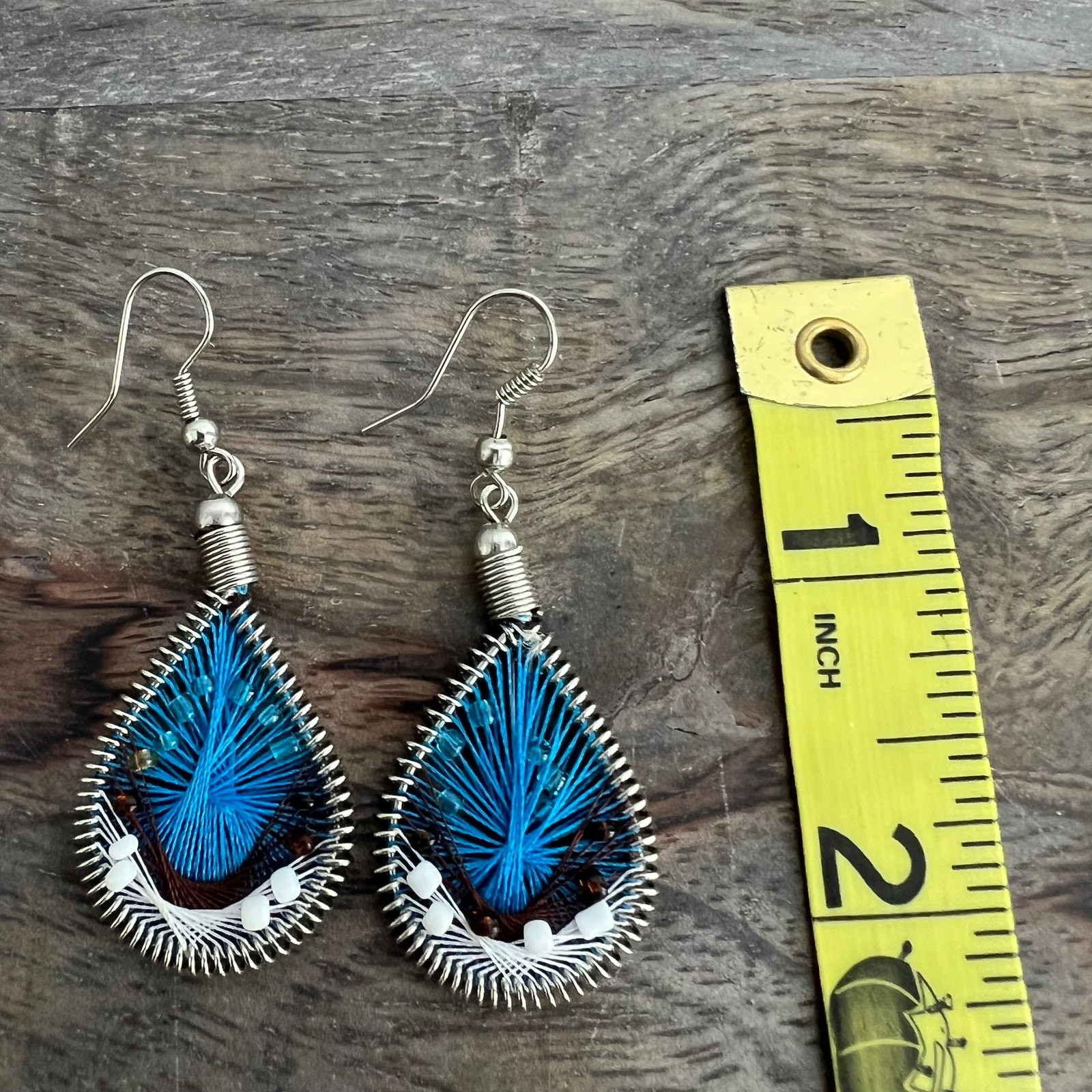 Blue black and white thread teardrop dream catcher earrings