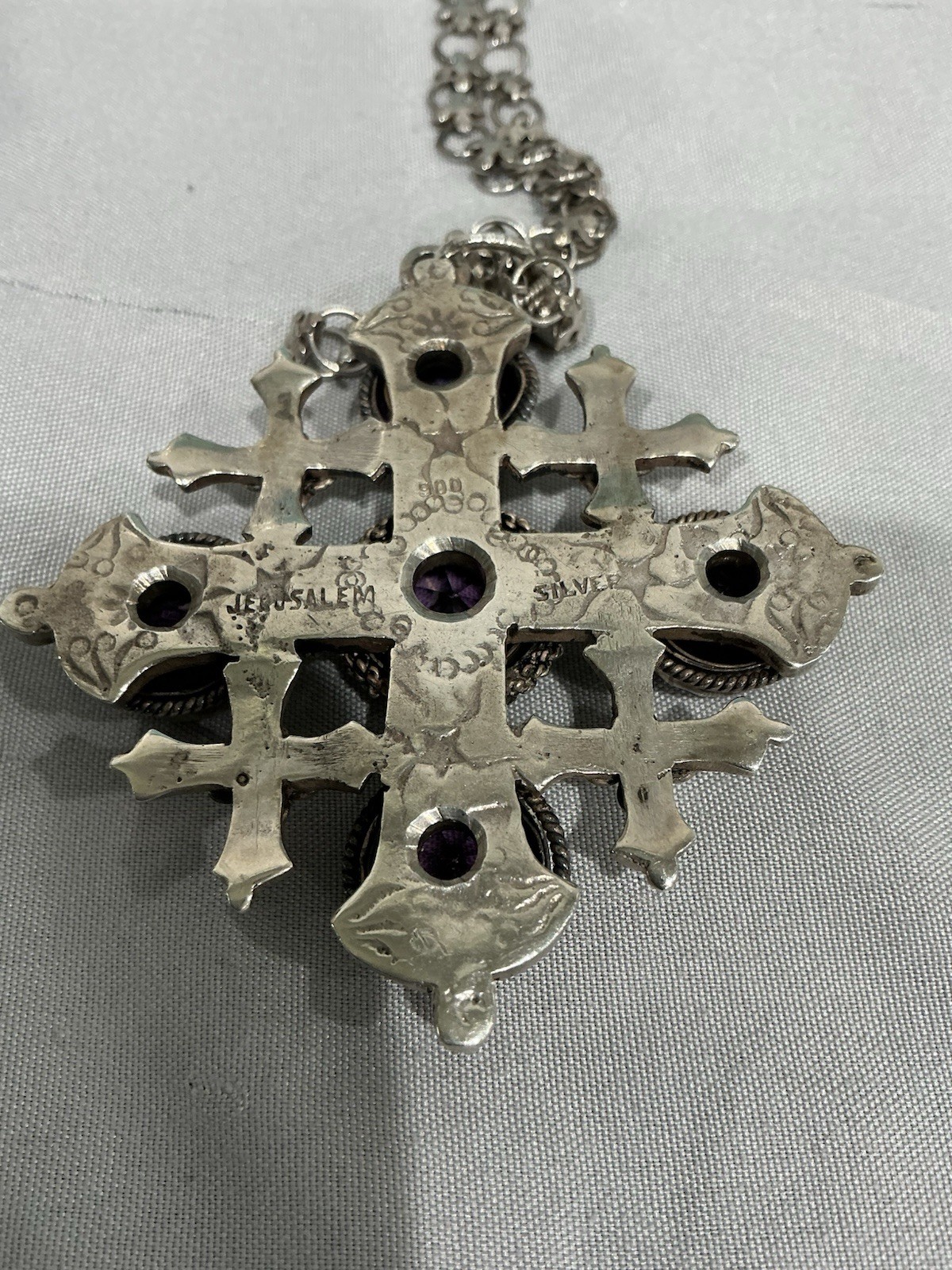 Jerusalem Silver Cross Pendant Necklace Purple Amethyst 5 Stone Bezel Cable