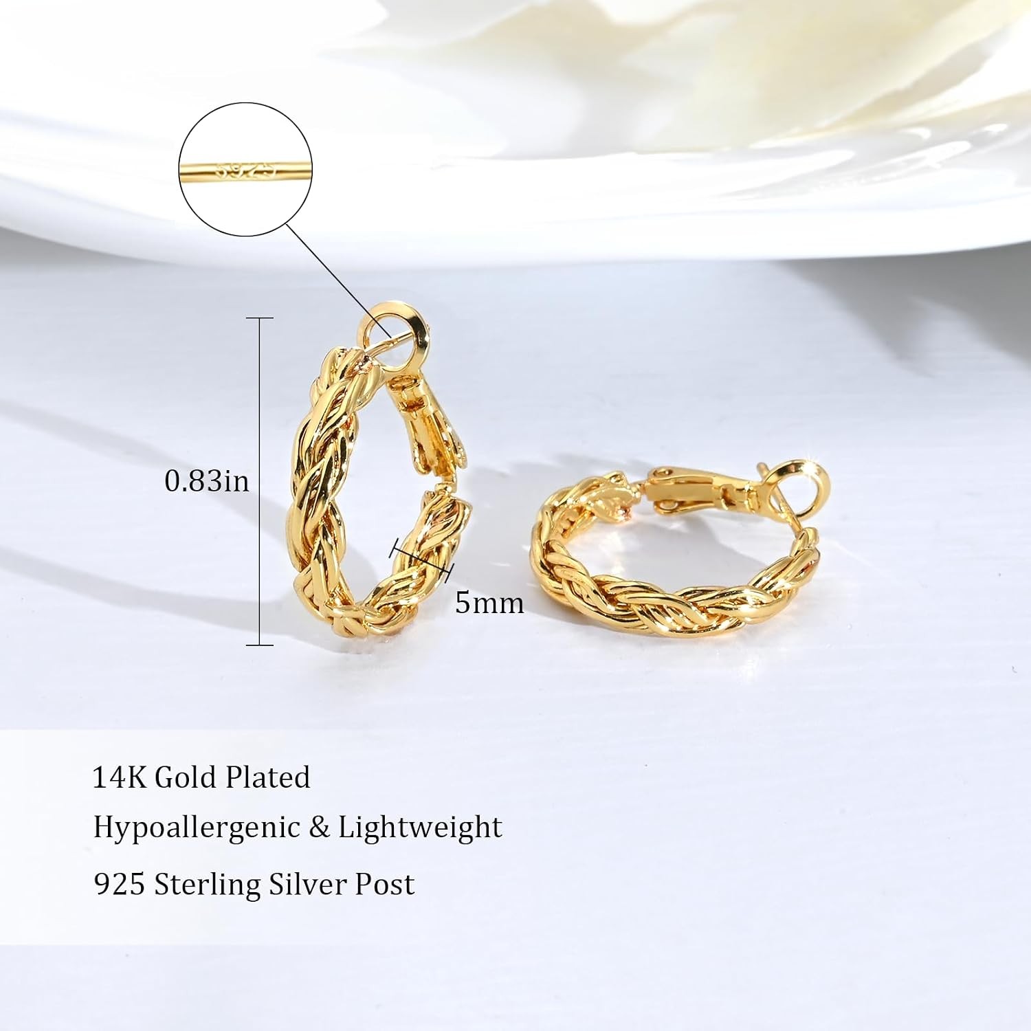 Twisted Gold and Silver Hoop Earrings for Women, 14K Gold Plated, Lightweight &