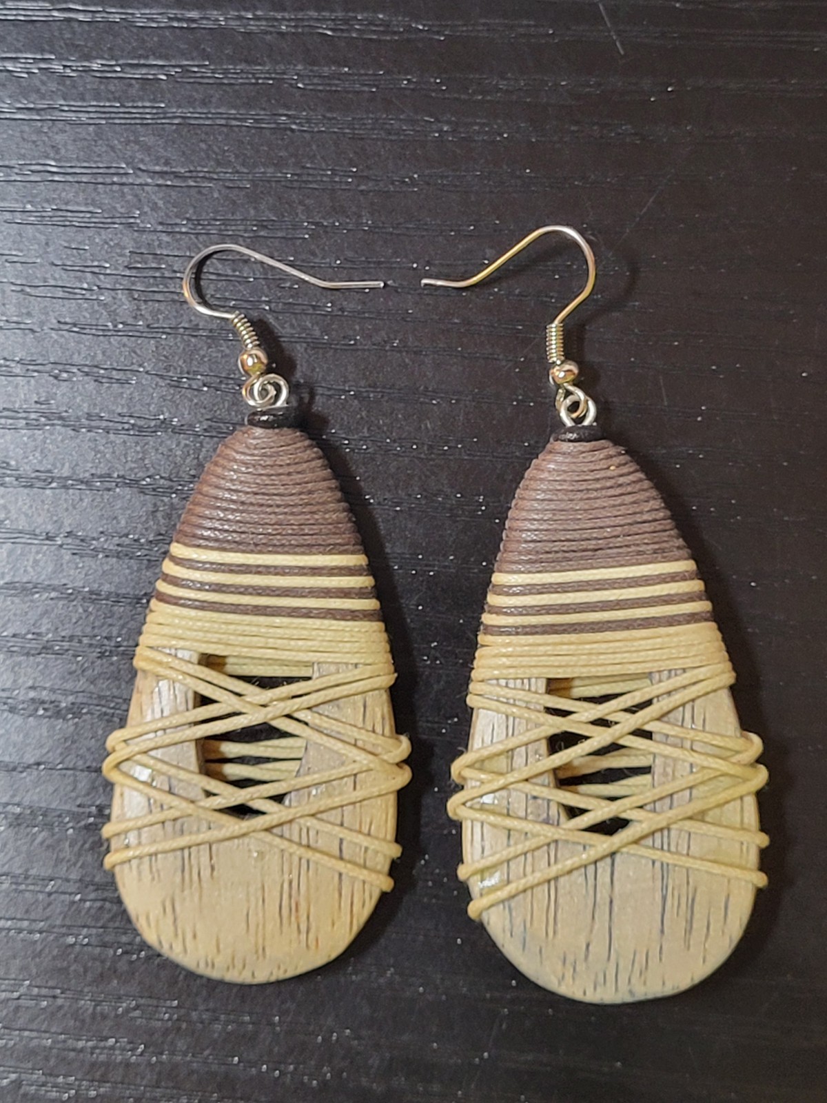 Tribal Tear Drop Dangle 3 inch Earrings Wood Wrap Brown Tan Women’s Jewelry Boho