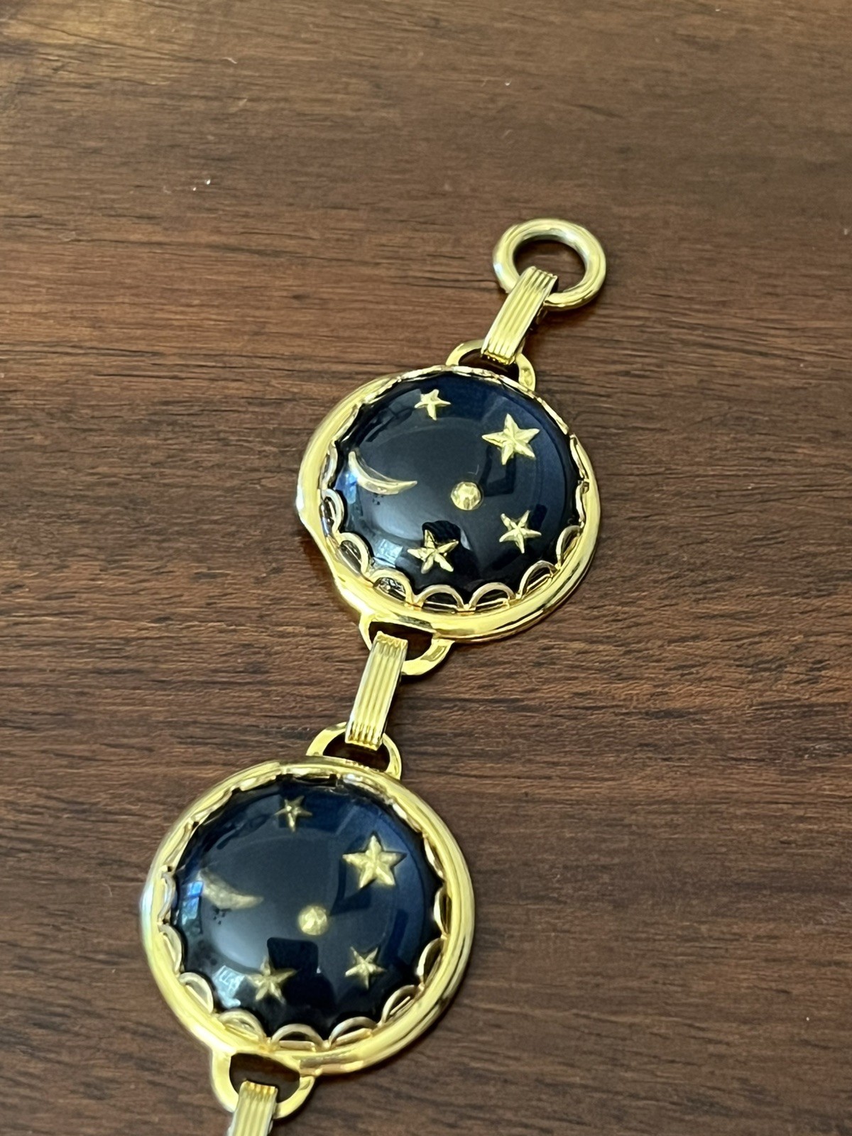 Blue and Gold Tone Celestial Bracelet Moon Stars Glass Dome 7.25″