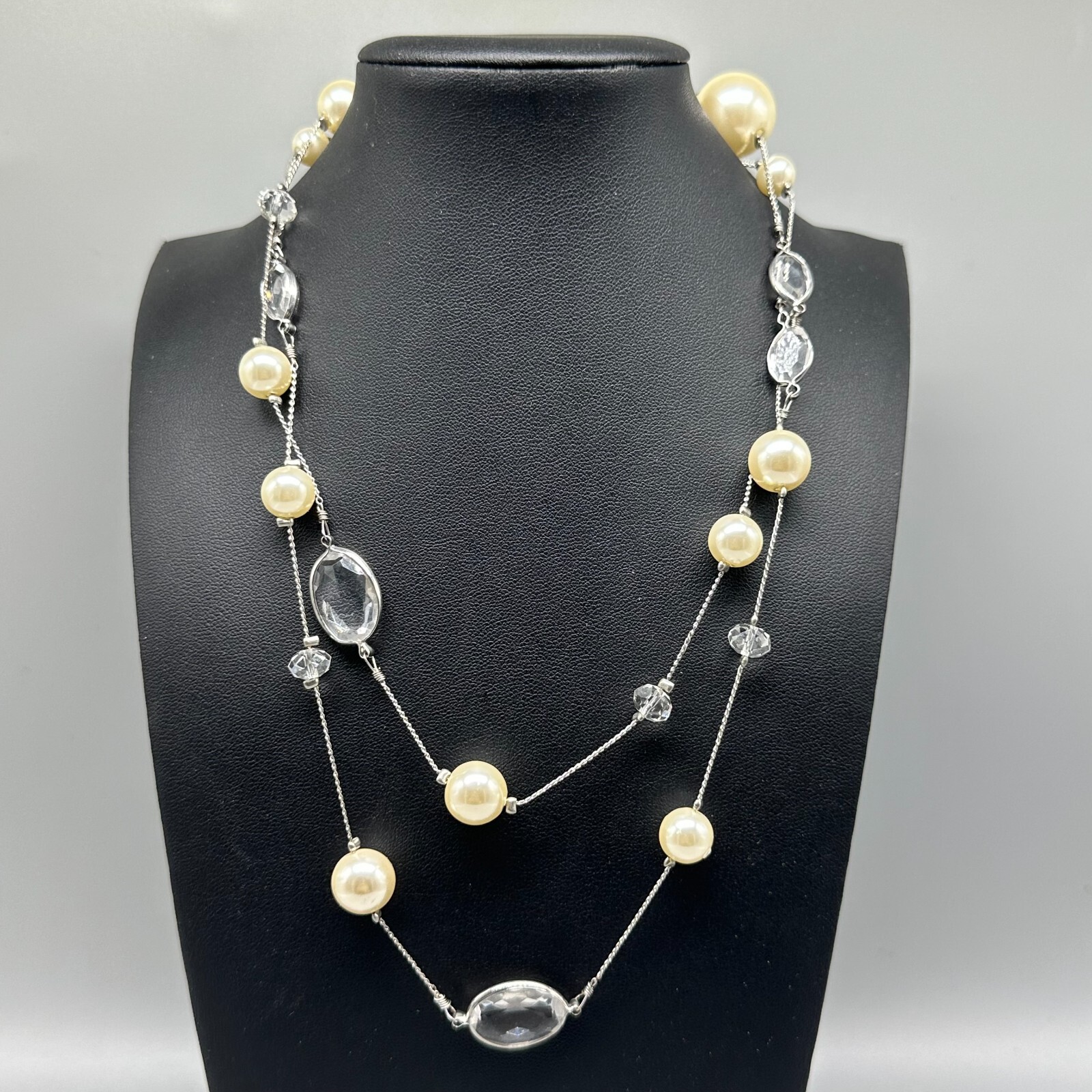 Long Faux Pearl Necklace Beaded Silver Tone Chain Layered Elegant Wedding 36″