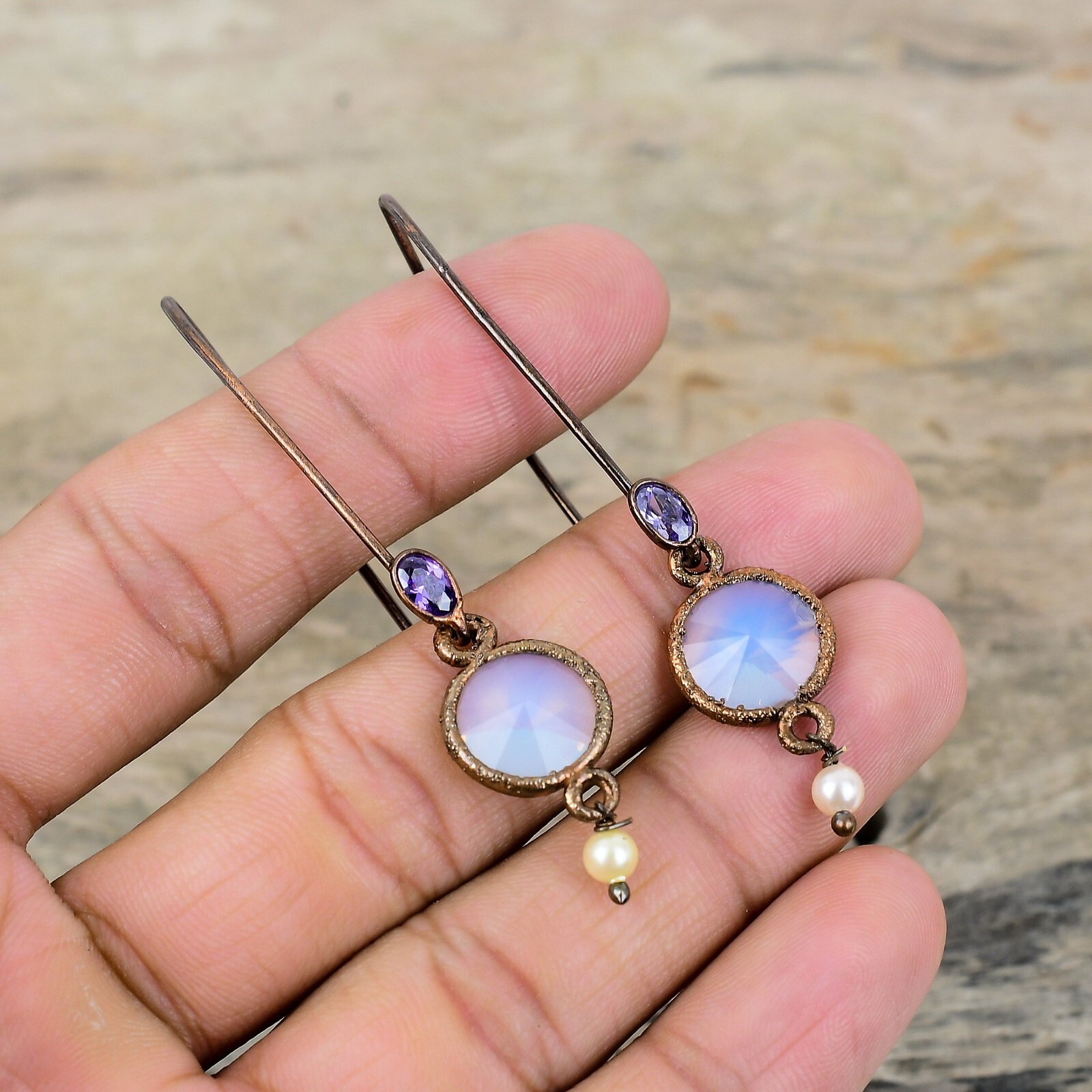 Natural Milky Opal African Amethyst Hook Electroformed Dangle Earrings Copper