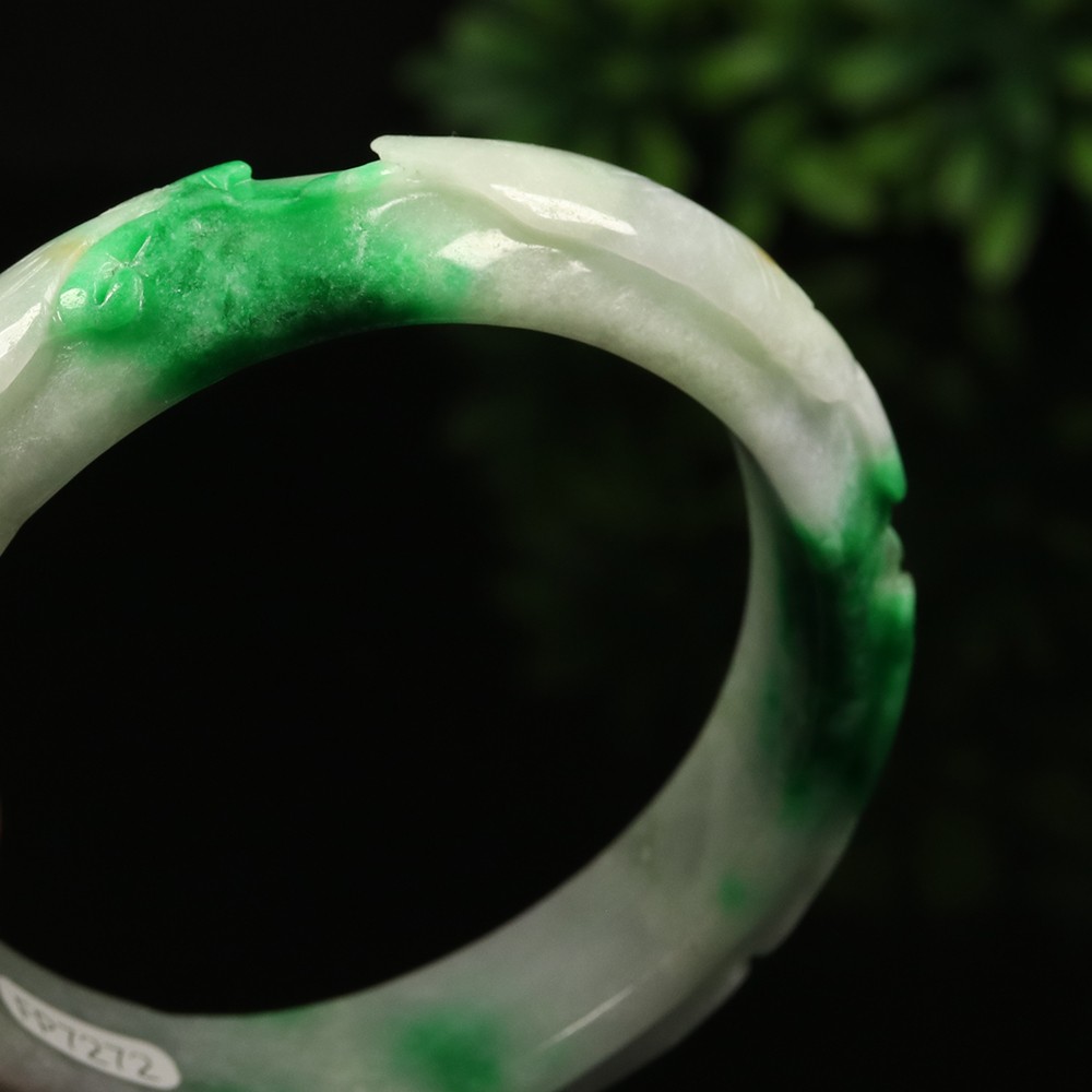 58mm White Emerald Green Jadeite Jade Bracelet Bangle Ruyi Rabbit Bat A-14597