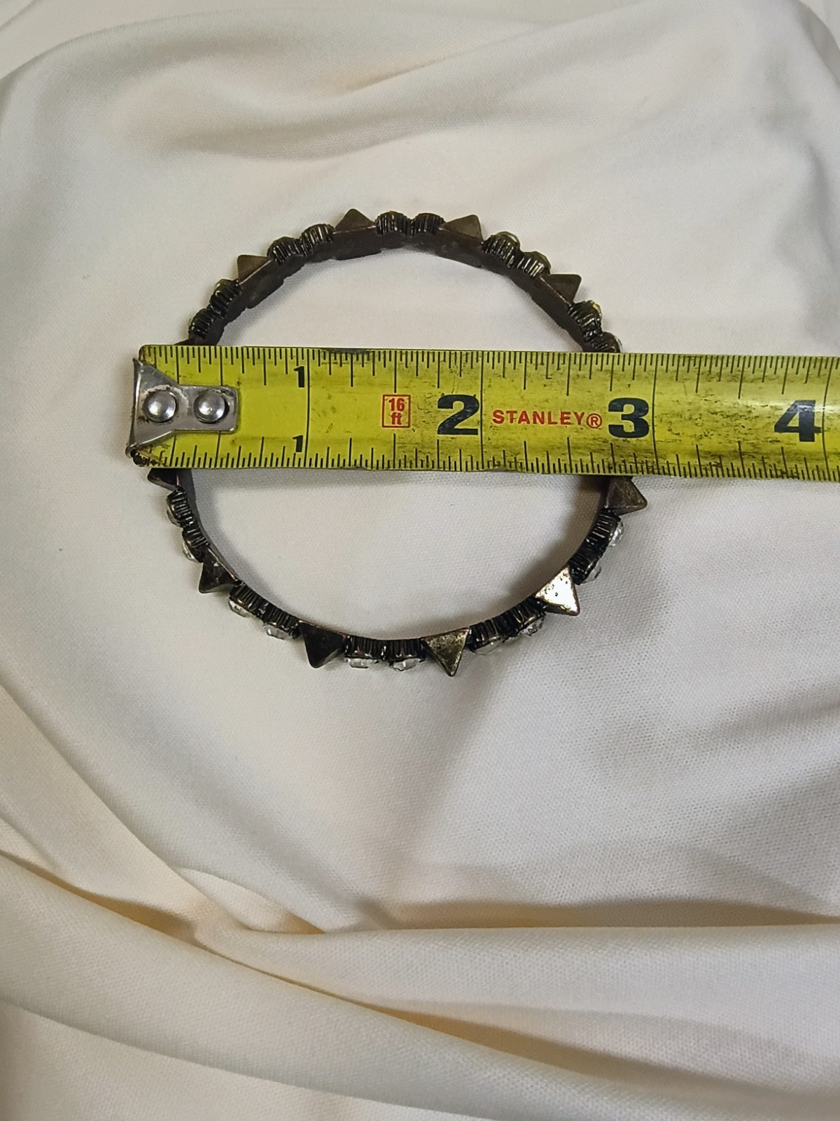 Bronze Tone Metal Bangle Bracelet Clear Round Crystal Rhinestone No Clasp