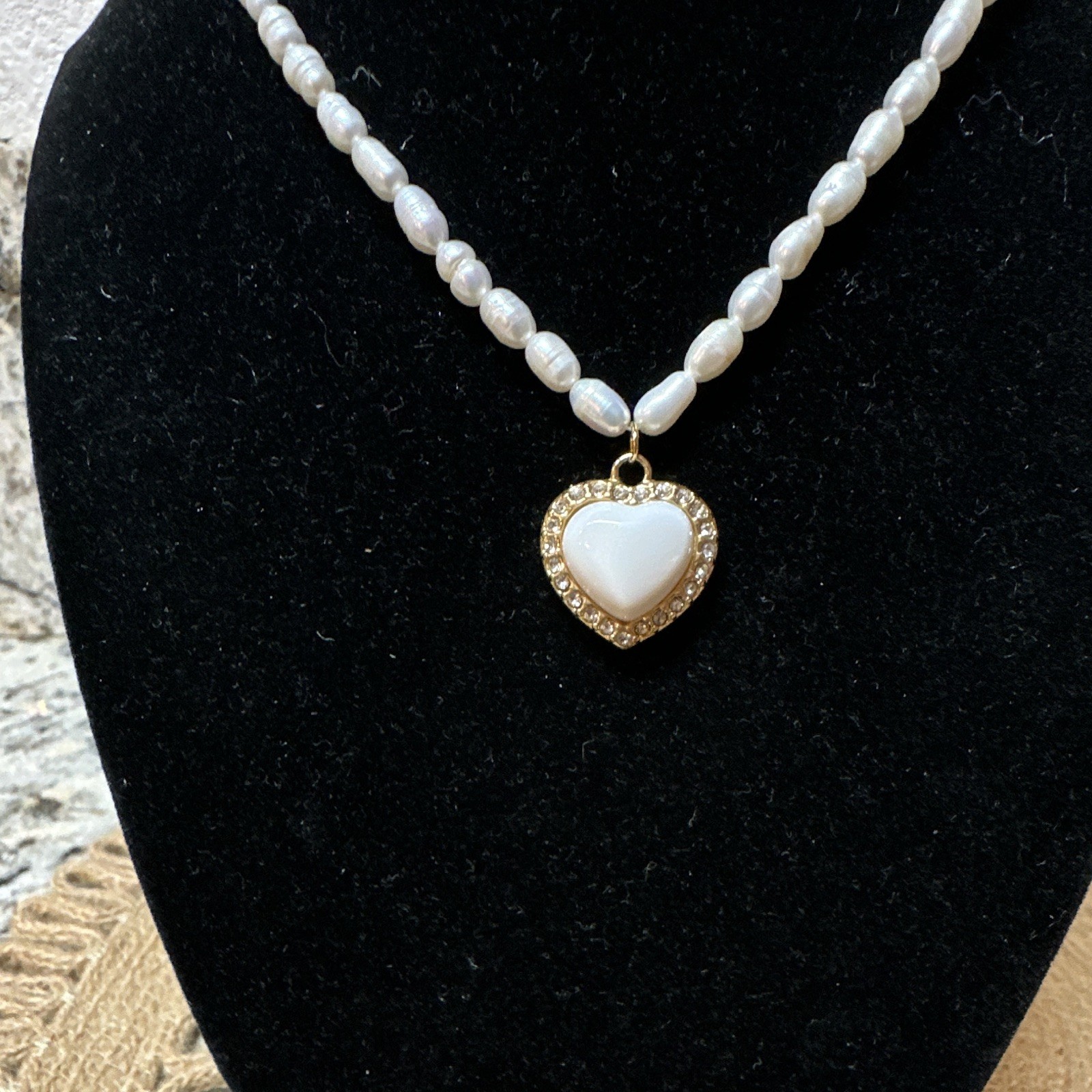 White Pearl Beaded Necklace, Gold Tone Heart Charm Pendant, Adjustable Lobster