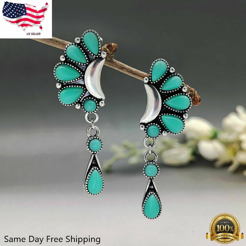 Vintage 925 Silver Turquoise Ear Hook Earrings Drop Dangle Women Wedding Jewelry