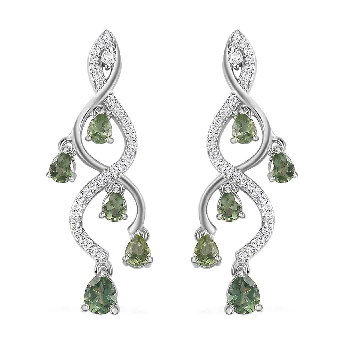 2.50ctw Green Apatite and Zircon Dangle Earrings Rhodium Plated Sterling