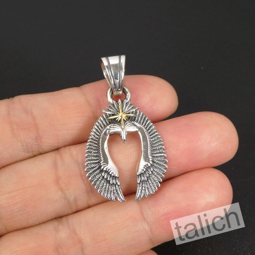 925 Sterling Silver Detailed Open Wing Eagle Pendant with Brass Star Two Sizes