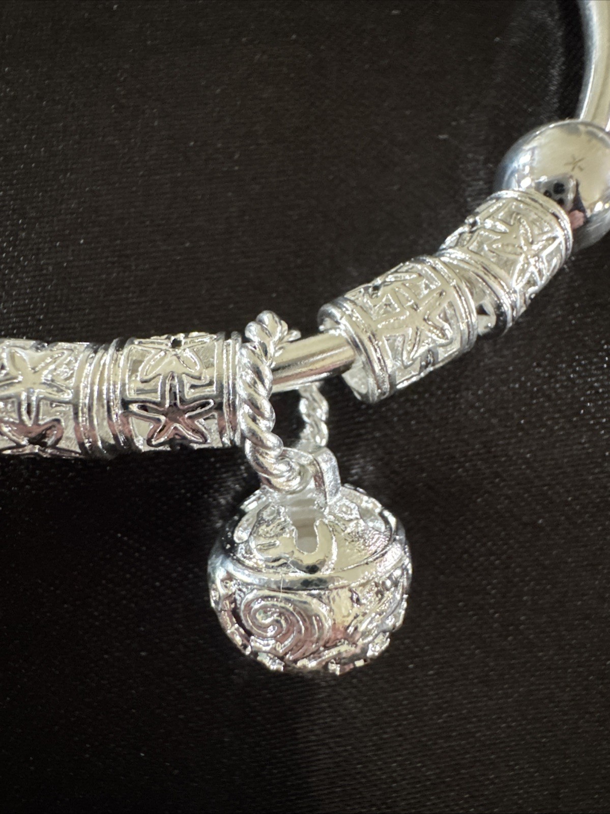 Silver Tone Bangle Bracelet Drop Ball Charm & Beads Adjustable Stackable Beaded