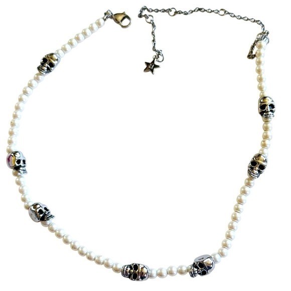 Dalmata D Spooky Skull Pearl Necklace Freshwater Stainless Steel Goth Punk 17″