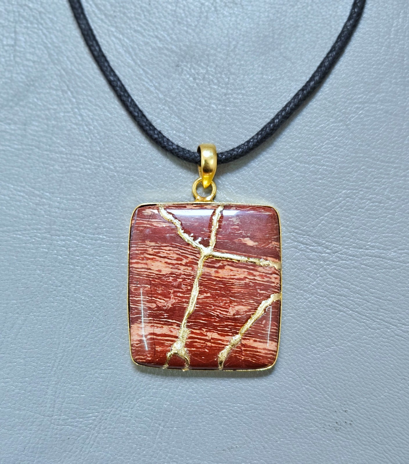 Snake Skin Jasper Necklace Kintsugi Japanese Art By Gold Plated Pendant Jewelry