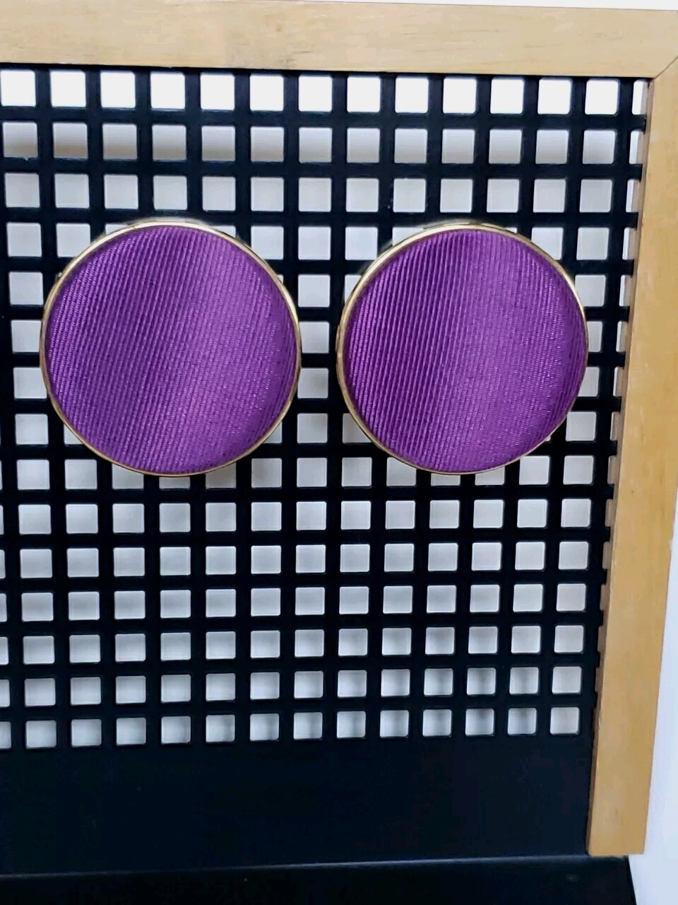 Vintage 80s 90s Earrings Round Statement 1 5/8 In Pierced Purple Fabric