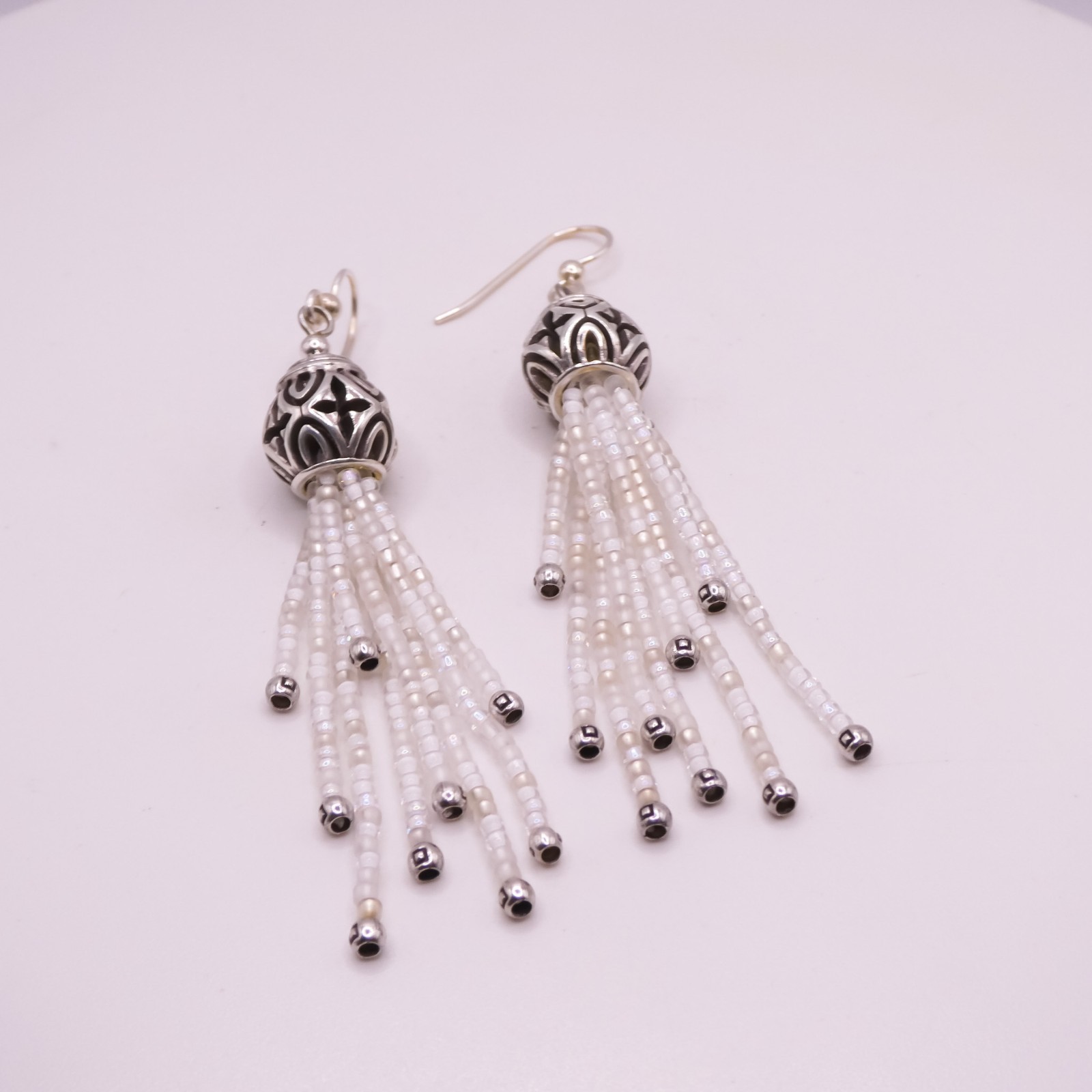 Brighton Boho Roots White Beaded Tassle 3.3″ Womens French Wire Pierced Earrings