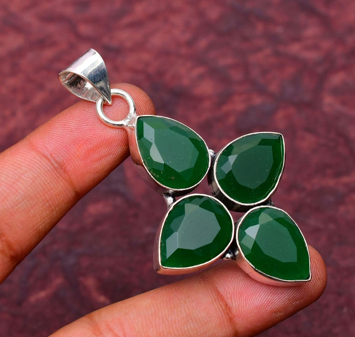 Green Onyx Gemstone 925 sterling silver Handmade jewelry Pendant 2.28″