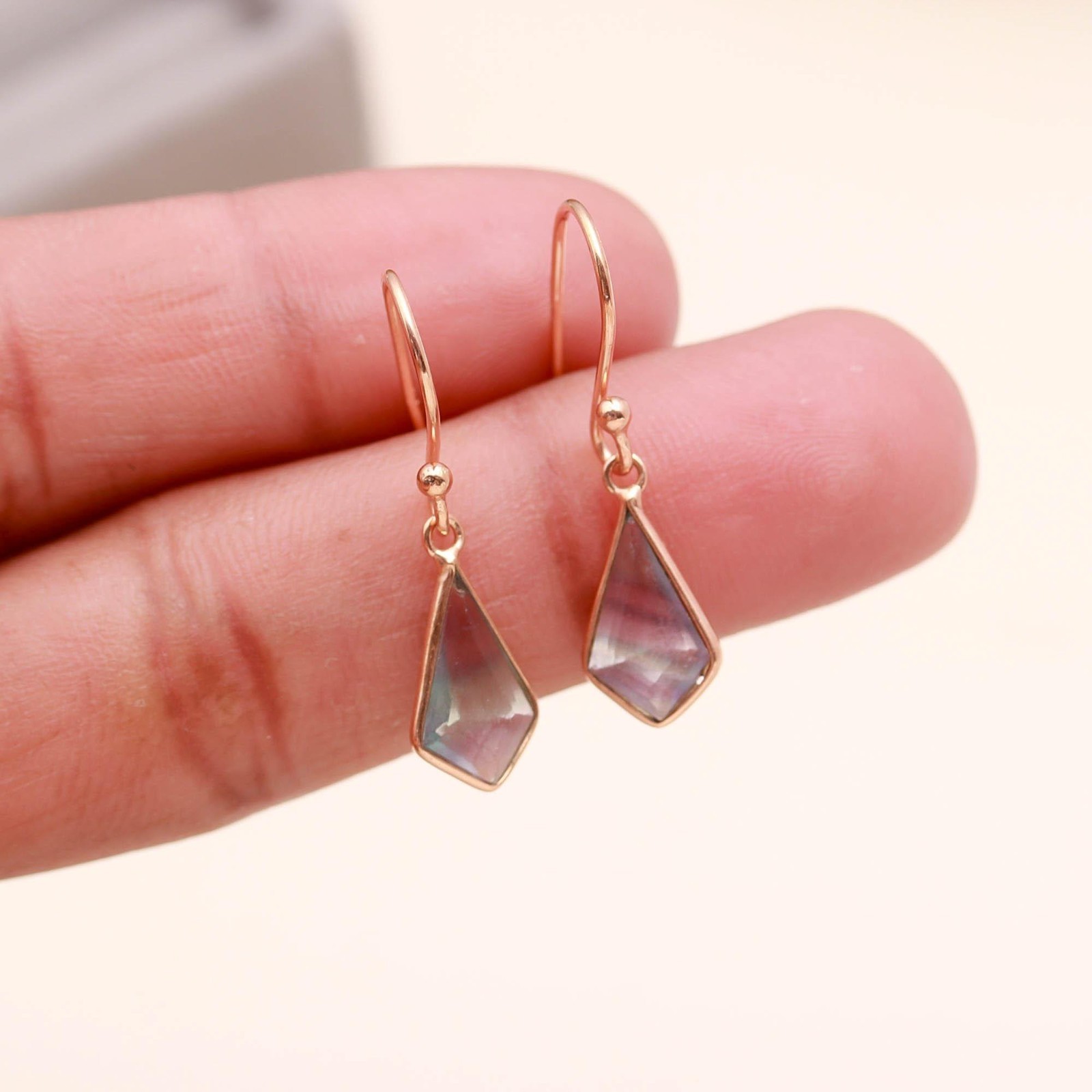 Natural Fluorite Kite Dangle Earrings Rose Gold Fill 925 Sterling Silver Jewelry