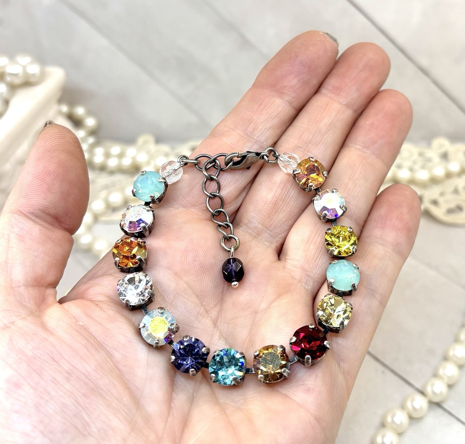 Silver Plated Bright RAINBOW Cup Chain Bracelet made with Mint Green Crystals