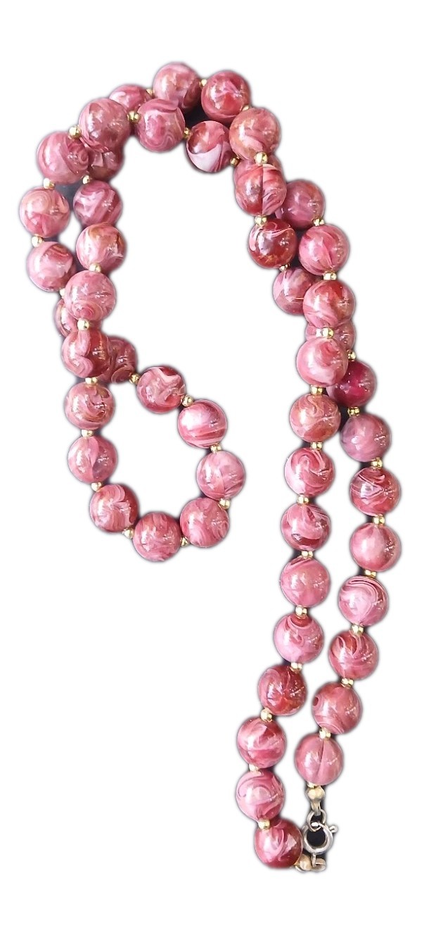 Amazing Pink Round Stone Beaded Strand Necklace Ball/Bead Chain Lobster Clasp