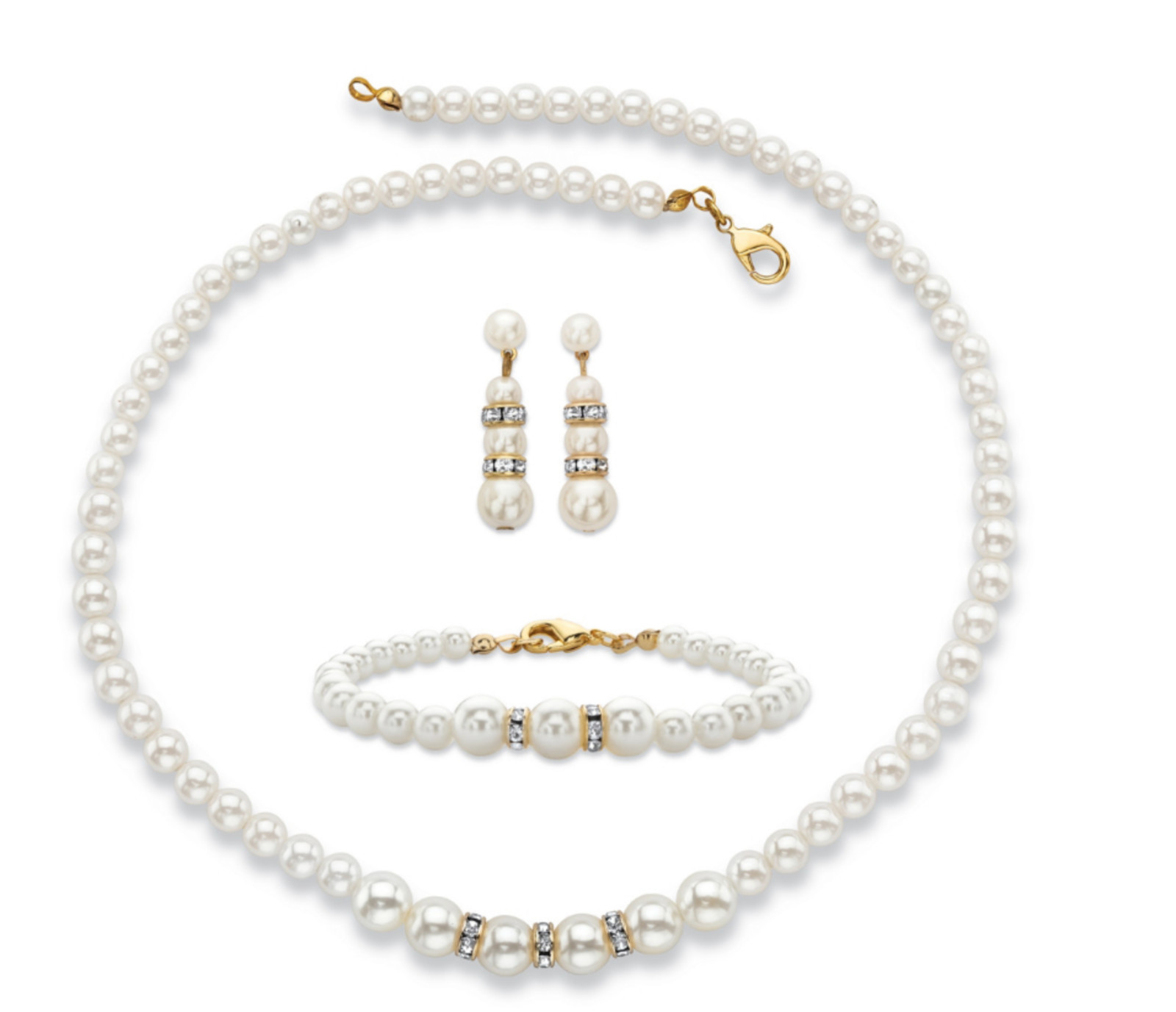 SIMULATED PEARL CRYSTAL NECKLACE EARRINGS BRACELET SET GOLD TONE
