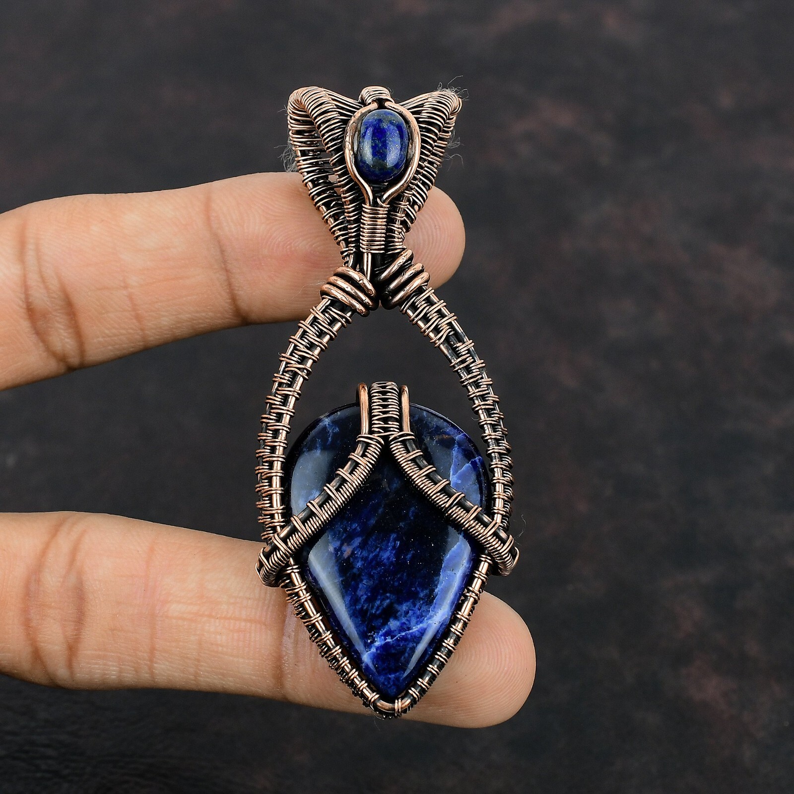 Sodalite Wire Wrapped Pendant Handcrafted Copper Birthday Gift Jewelry 3.11″