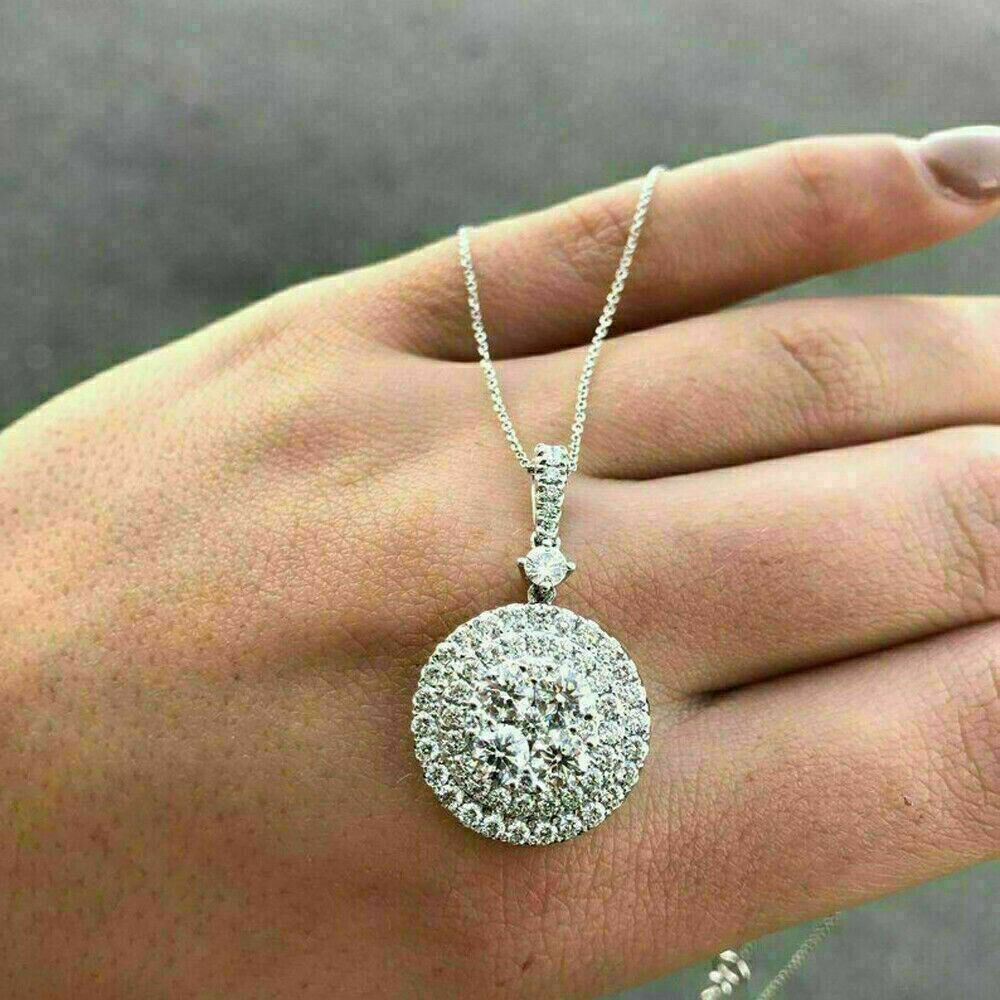 2Ct Round Cut Simulated Diamond Beautiful Cluster Pendant 14K White Gold Plated