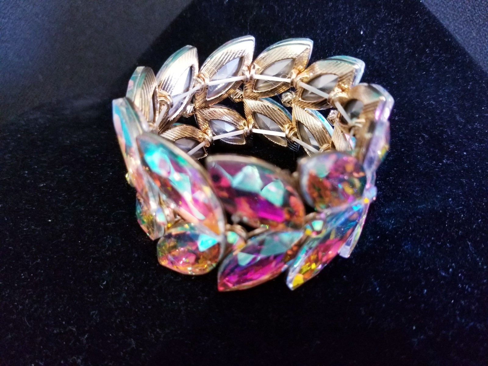 Iridescent Gold Rhinestone Stretch Bracelet Statement Drag Pageant Prom Bridal