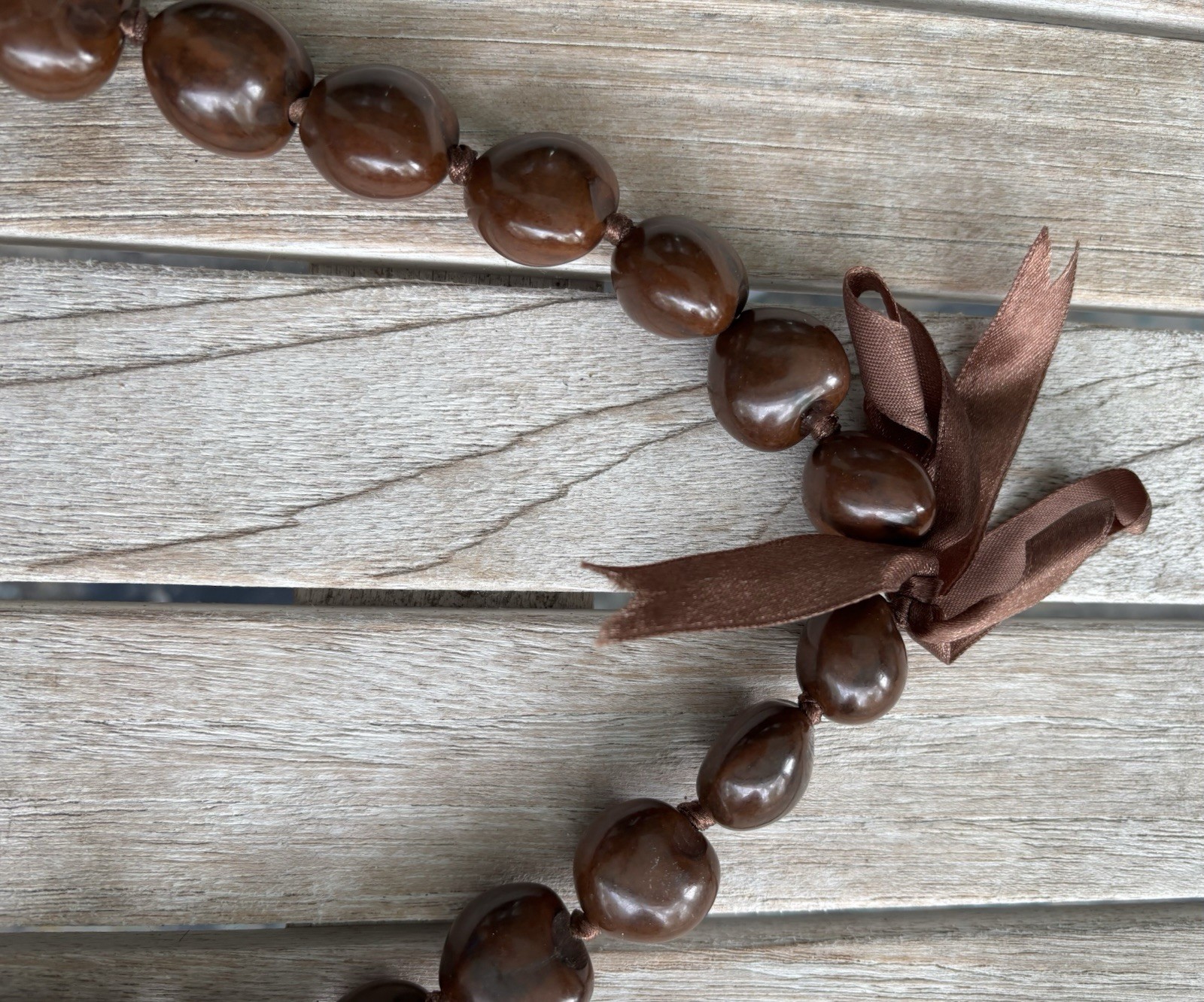 Brown Wood Beaded Necklace Adjustable Ribbon Tie Cord Chain Tie Closure