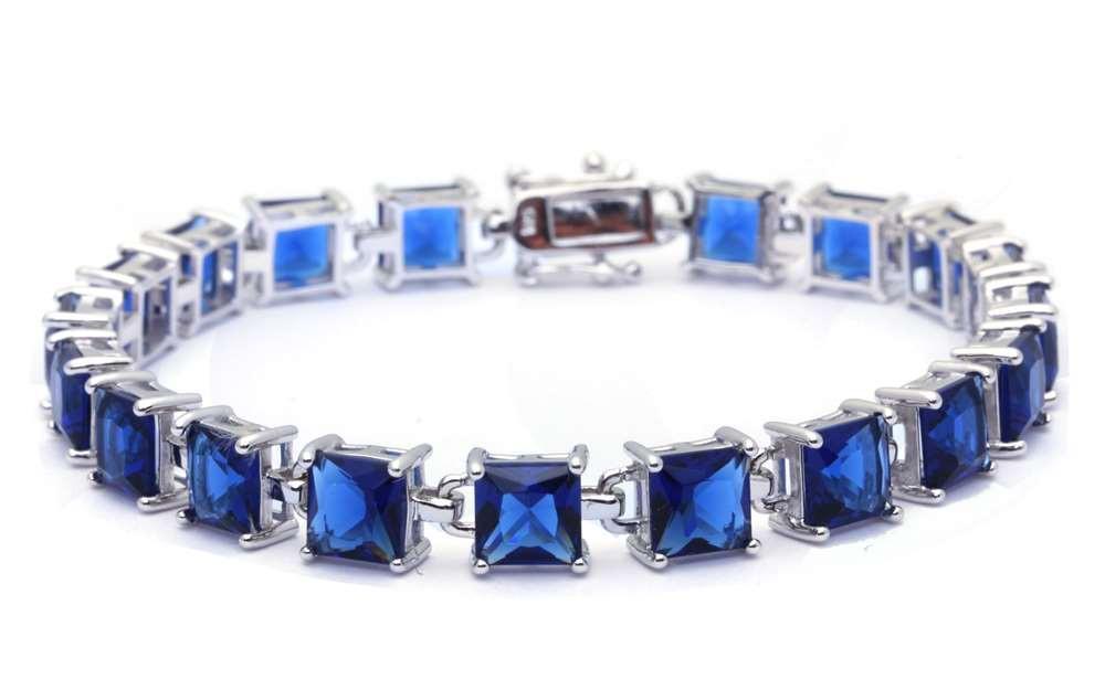 Solitaire 24CT Princess Cut Blue Sapphire .925 Sterling Silver Bracelet