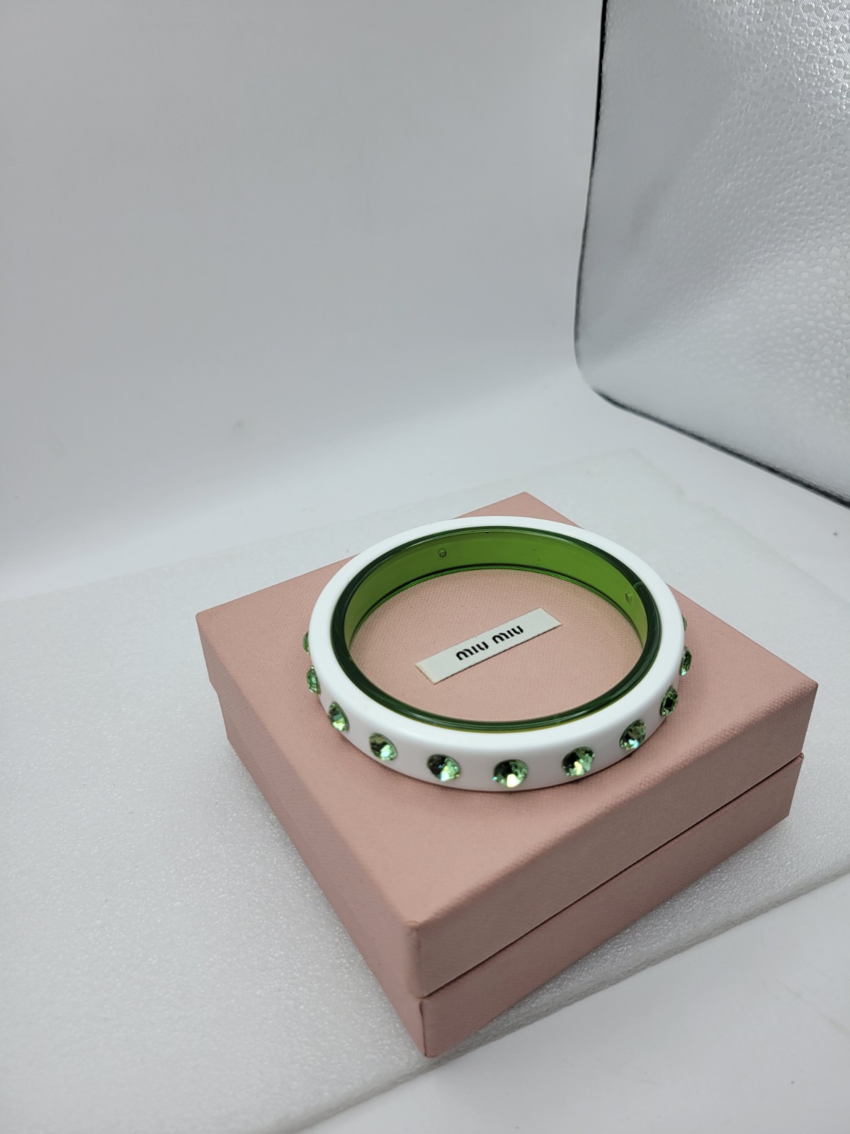 Miu Miu by Miuccia PRADA Plexi Glass & Crystal Bangle Green & White Boxed Pouch