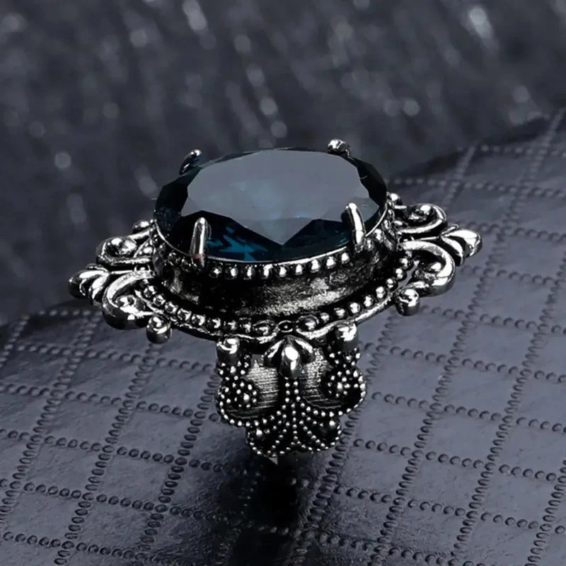Vintage Oval Blue CZ Ring Women’s Retro Statement Party Jewelry
