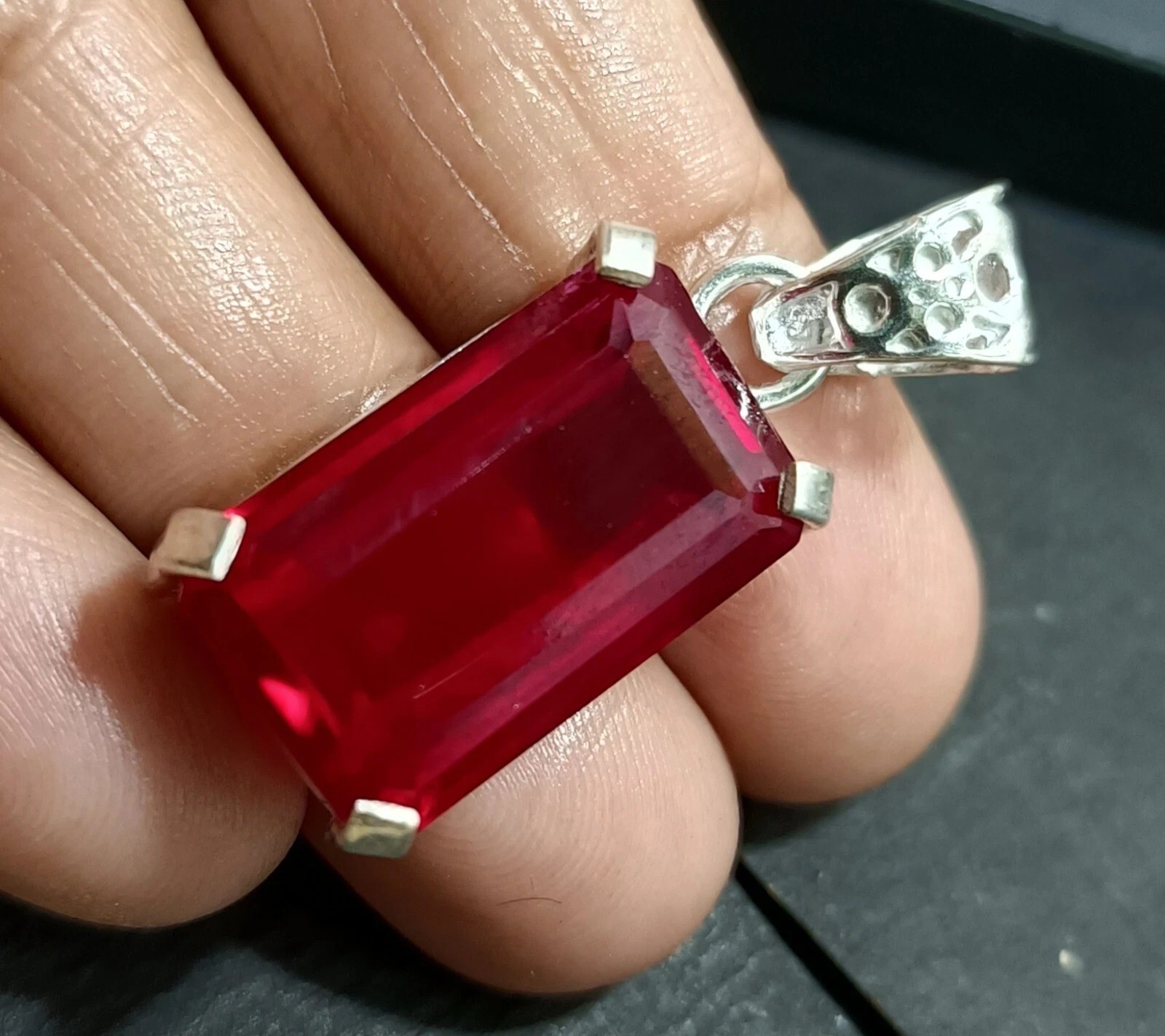 Red Ruby Emerald Cut 30.24 Ct 925 Solid Silver Burma Pendant Natural Gemstone
