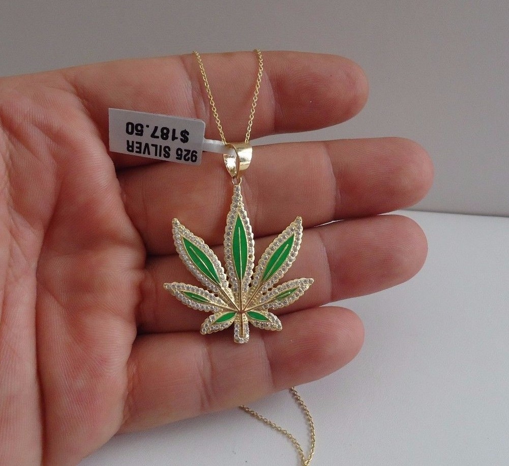 MARIJUANA LEAF NECKLACE PENDANT W/ GREEN ENAMEL & ACCENTS/ 925 STERLING SILVER