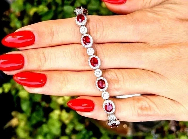 8.70 Ct Oval Cut Simulated Ruby luxurious Tennis Bracelet 14K White Gold Plated